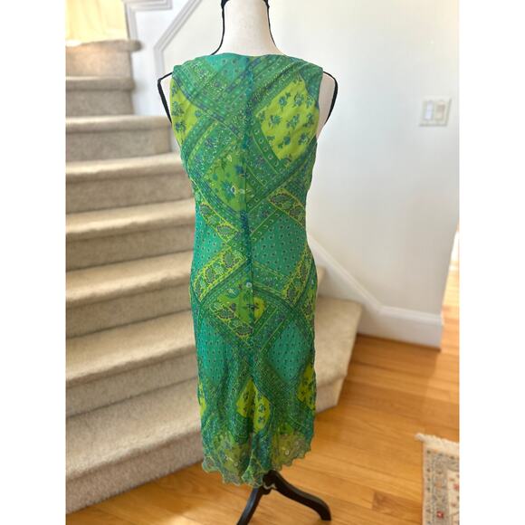 Vintage Y2K Sangria Green Block Print Floral Sleeveless Slip Dress Fairy Goddess - Picture 5 of 8